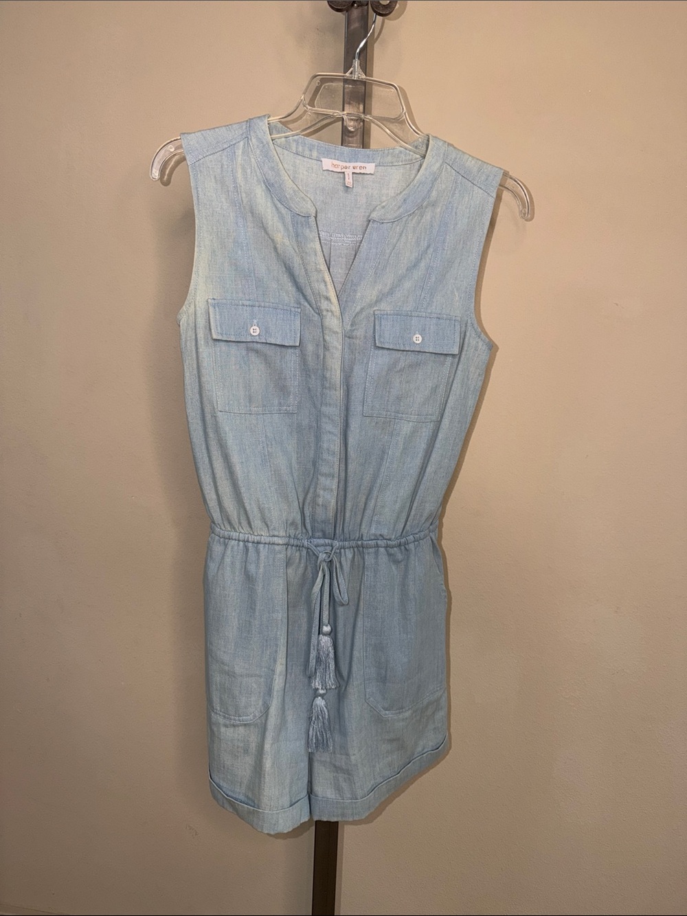 EUC Harper Wren Light Wash Chambray Drawstring Romper XS XSmall